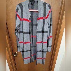Tahari Gray and Red Plaid Cardigan